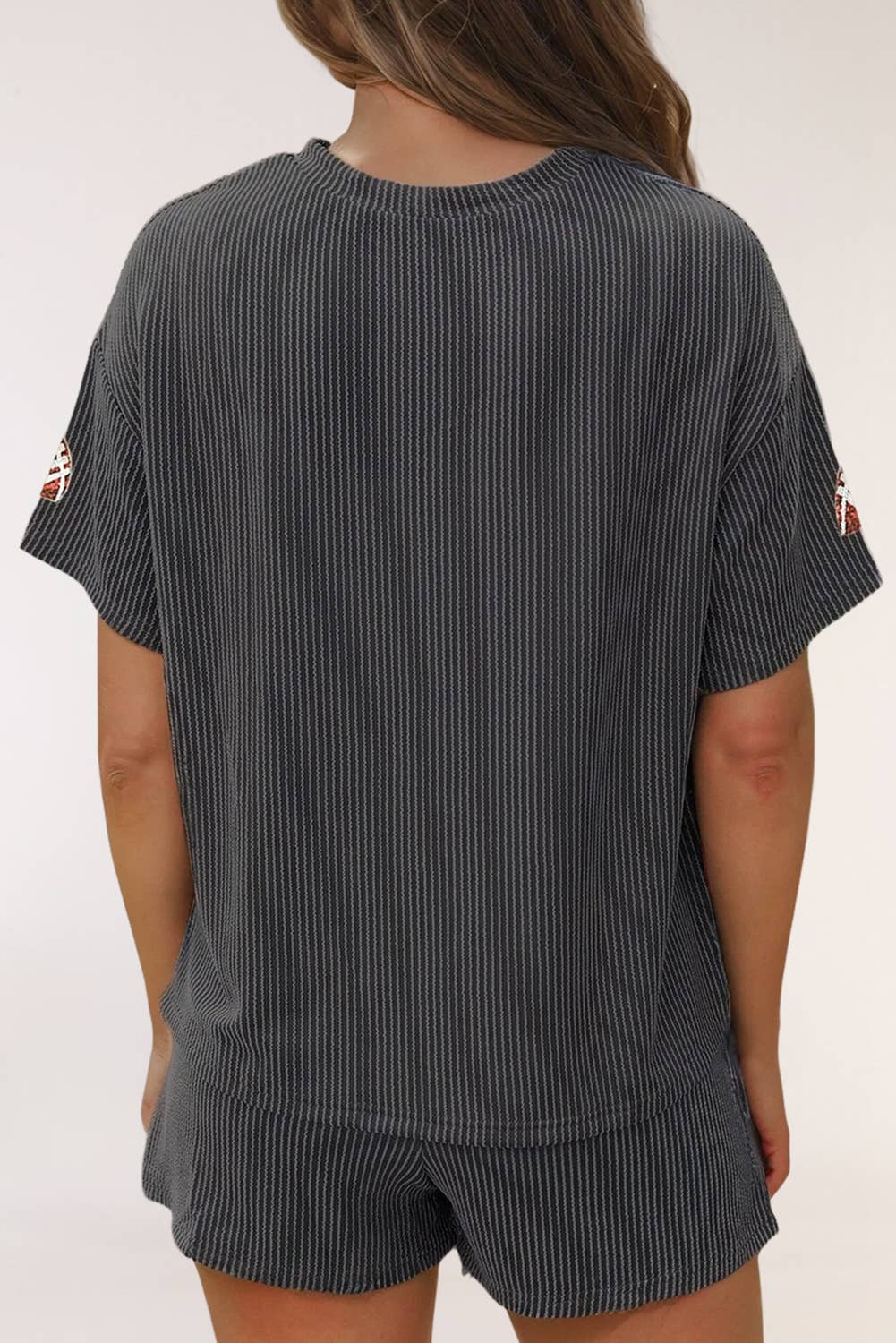 Sequin Football Patched Twisted Ribbed Loose 2pcs Short Set