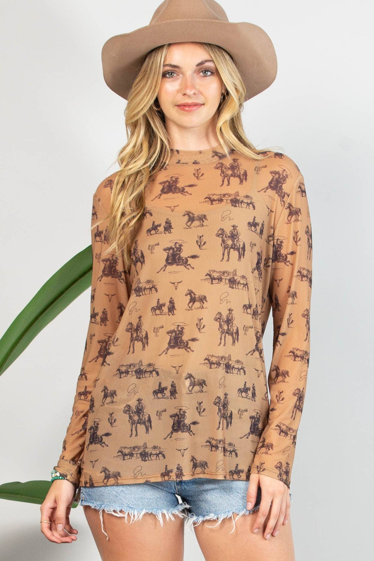 Isla Bucking Horses Print Semi Sheer Mesh Top