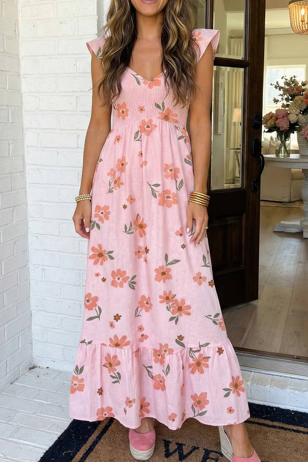 Floral Smocked High Waist Ruffle Hem Long Dress