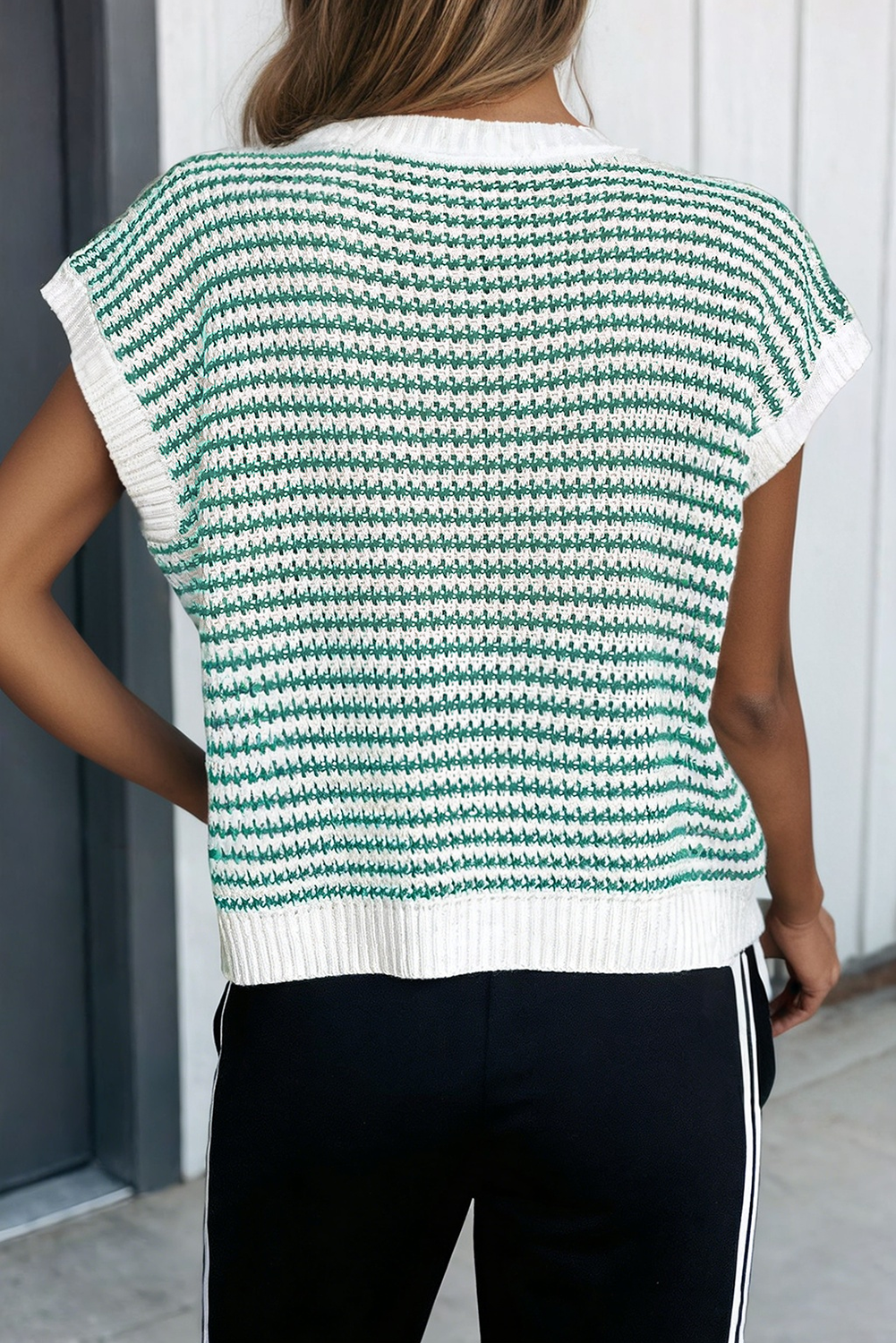 Stripe Ribbed Trim Loose Fit Knitted Sweater Vest