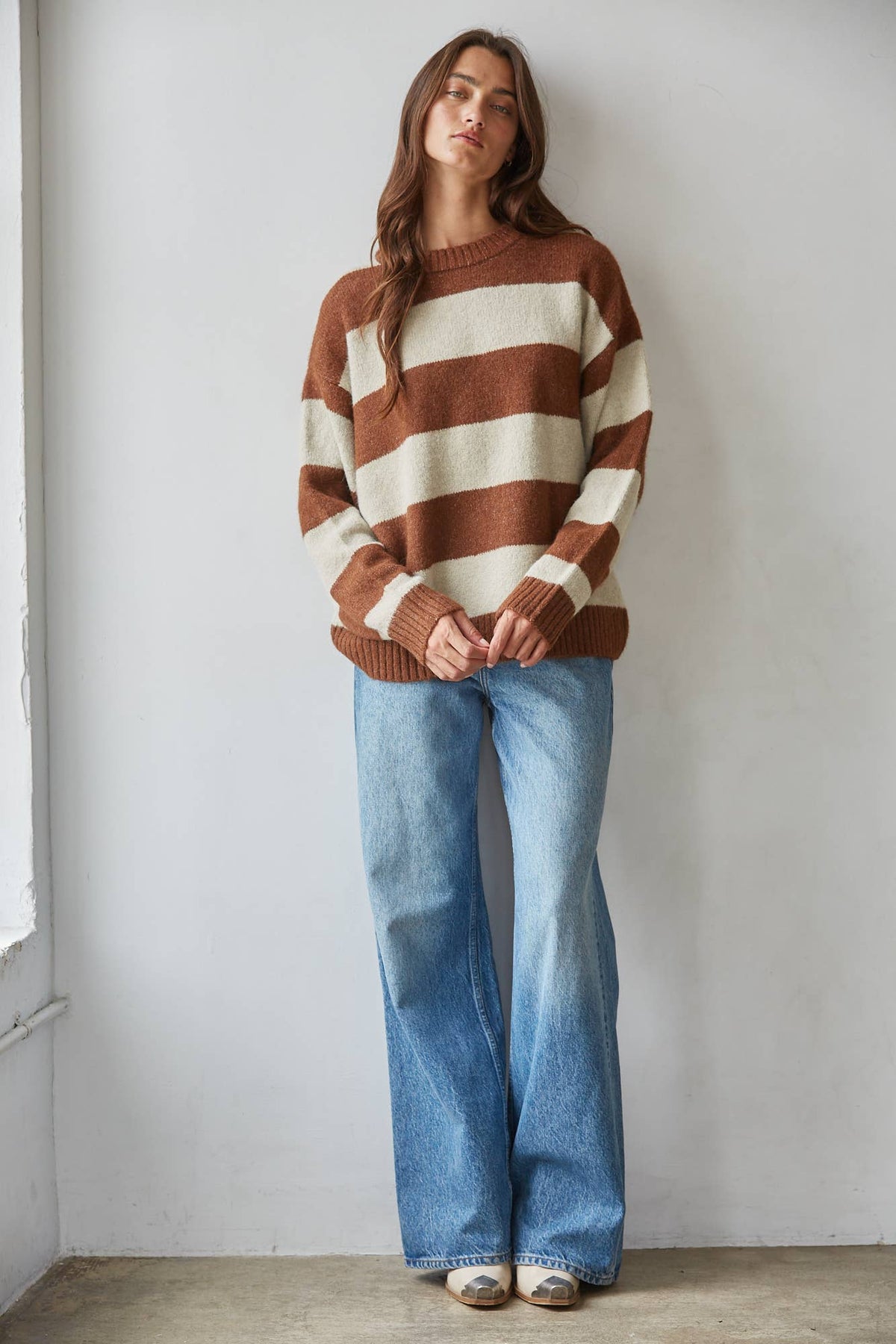 Knit Sweater Striped Round Neck Long Sleeve Pullover