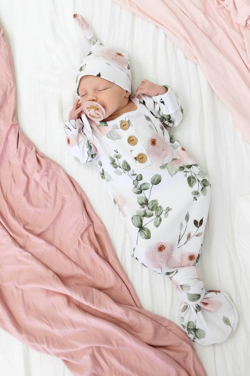 Millie's Dusty Rose Garden Newborn Baby Knot Gown & Hat Set