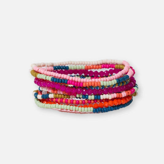 Sage Mixed Stripe Beaded 10 Strand Stretch Bracelets Rainbow