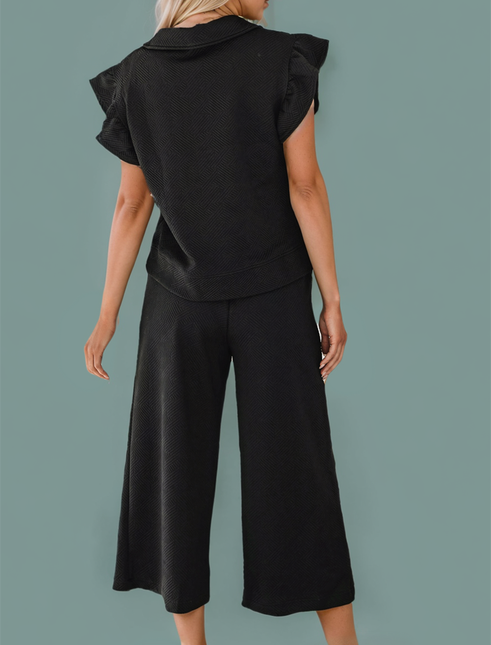Black Textured Flutter Sleeve Top Wide Leg Pants Set
