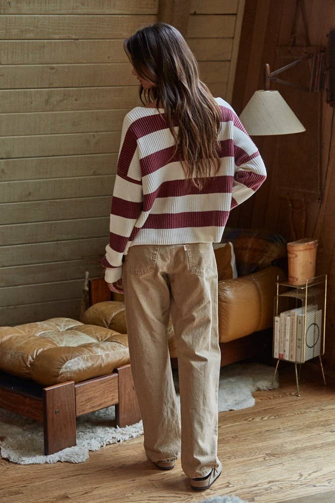 Knit Sweater Striped Cotton Boat Neck Long Sleeve