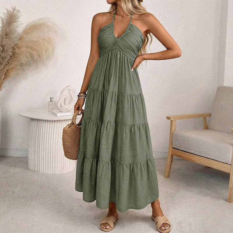 Women’s Halter V Neck Tiered Maxi Dress Backless