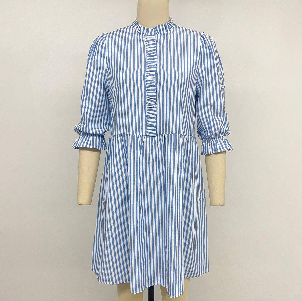 Puff-Sleeve Stand-Up Collar Striped Dress