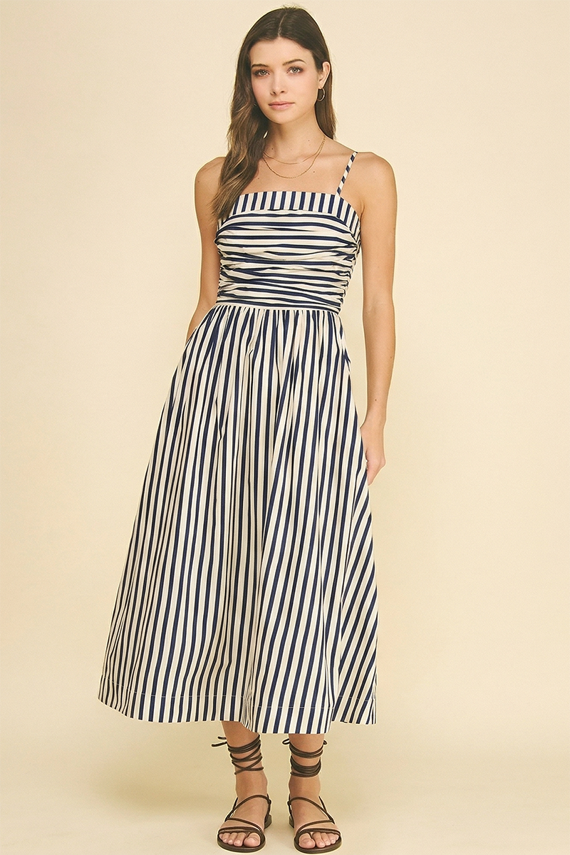 Striped Ruched Detail Midi Dress