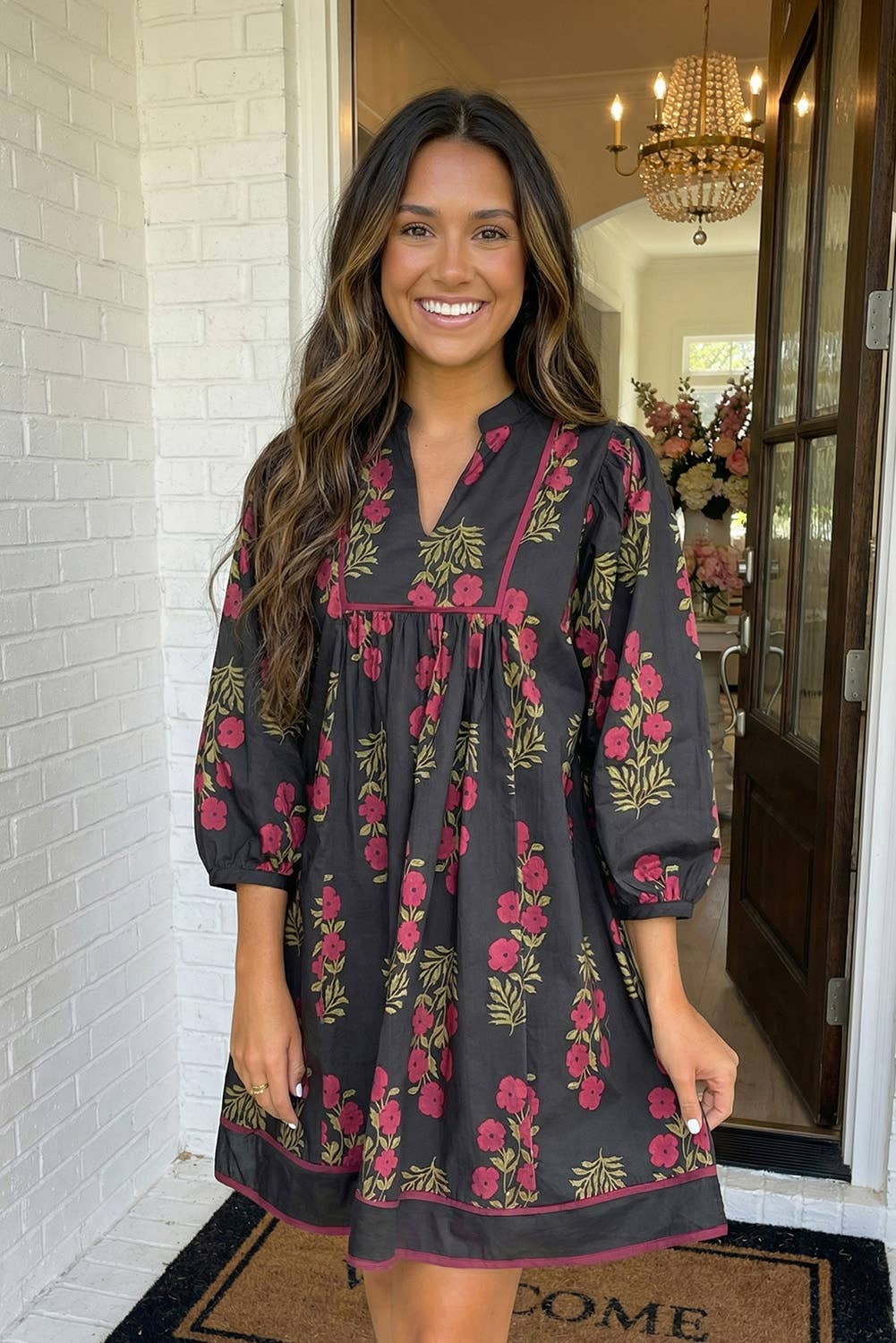 Floral Piping Trim Bracelet Sleeve Babydoll Dress
