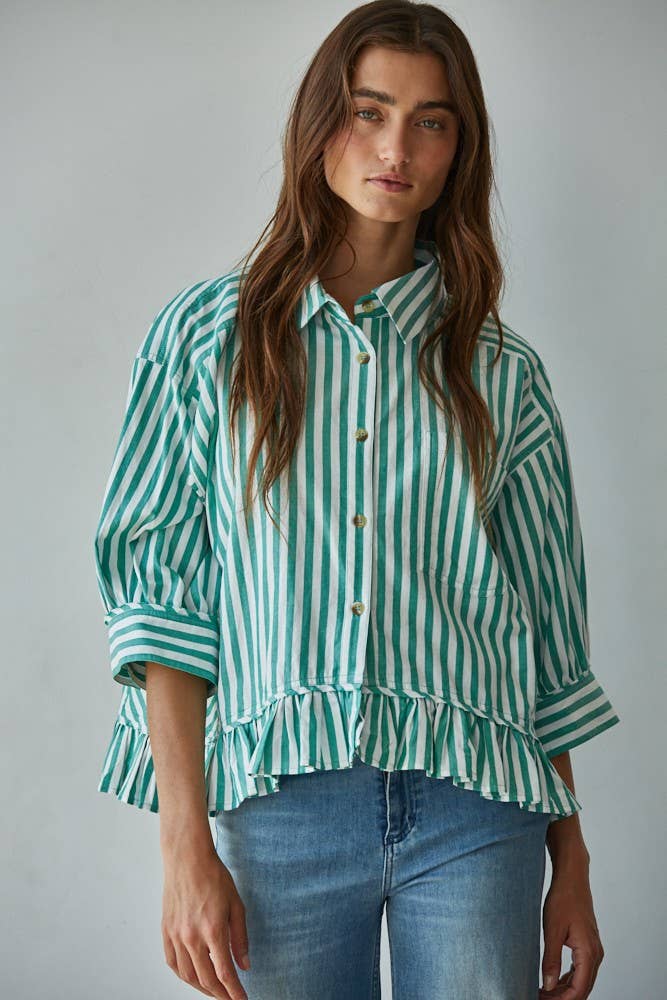 Woven Cotton Striped Button Down Shirt Top