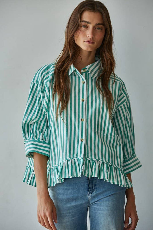 Woven Cotton Striped Button Down Shirt Top