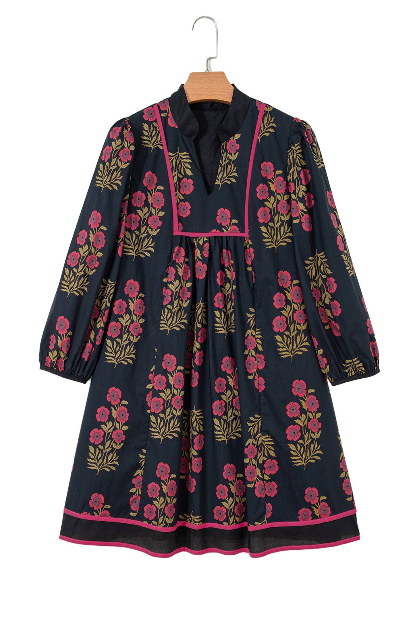 Floral Piping Trim Bracelet Sleeve Babydoll Dress