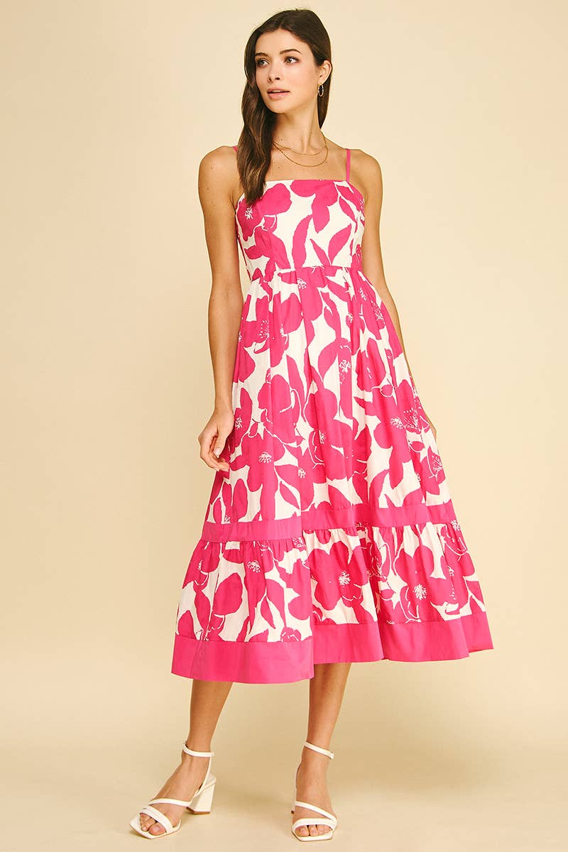 Bold Floral Tiered Midi Dress