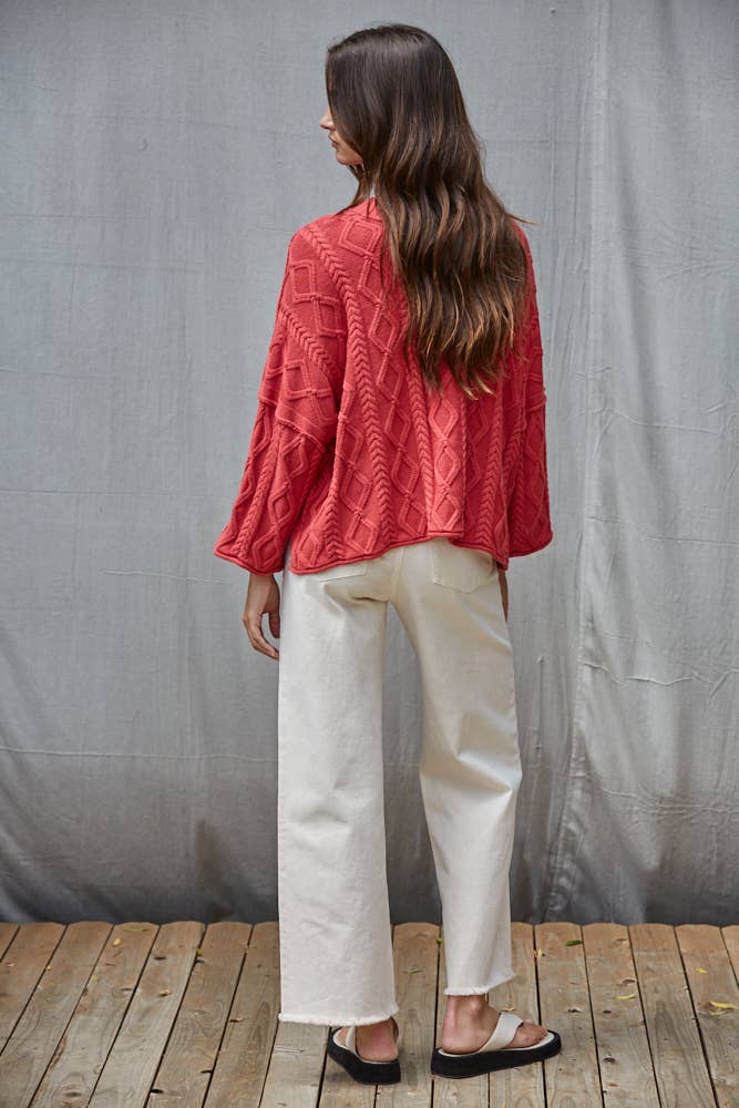 Knit Cable Sweater Cotton 3/4 Sleeve Pullover