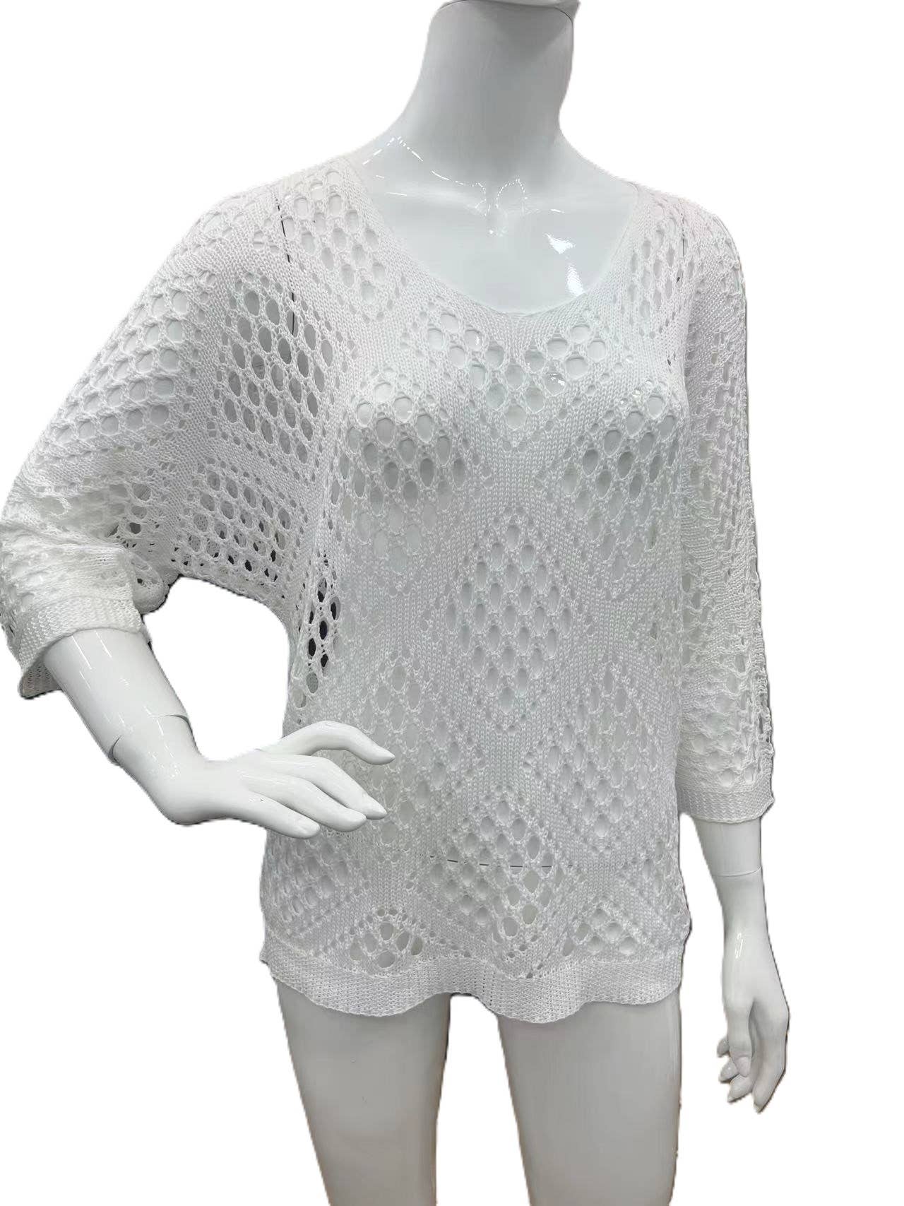 Knit V-Neck Diamond Cut-Out Batsleeves Blouse