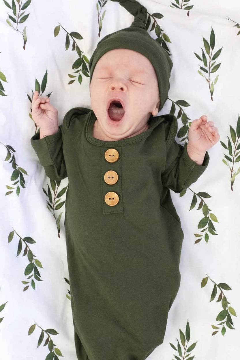 Solid Olive Bamboo Baby Knot Gown & Hat