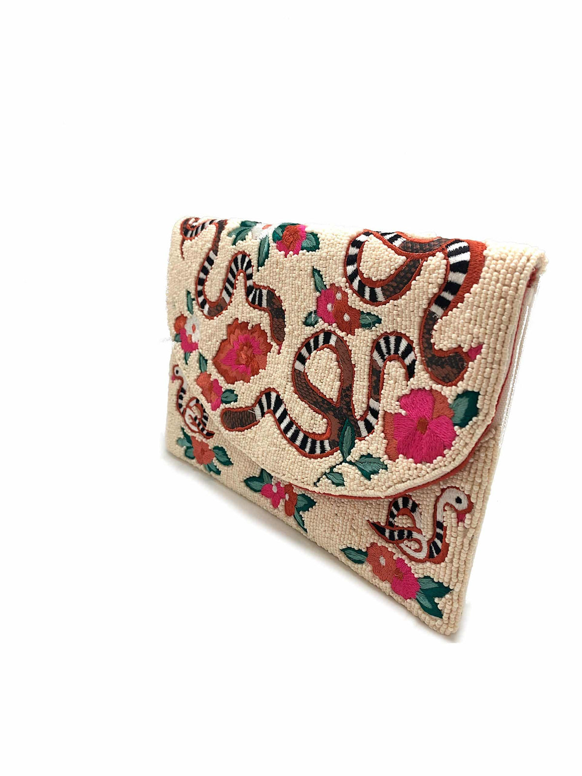 CREAM BEADED CLUTCH WITH FLORAL AND SNAKE EMBROIDERY