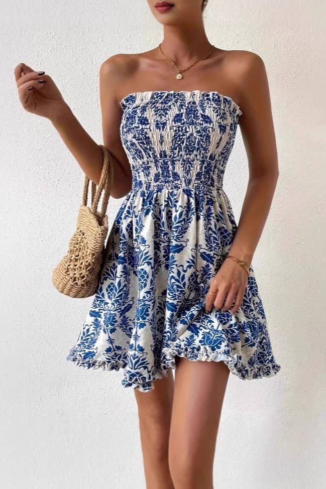 Vacation Paisley Floral Smocked Strapless Dress