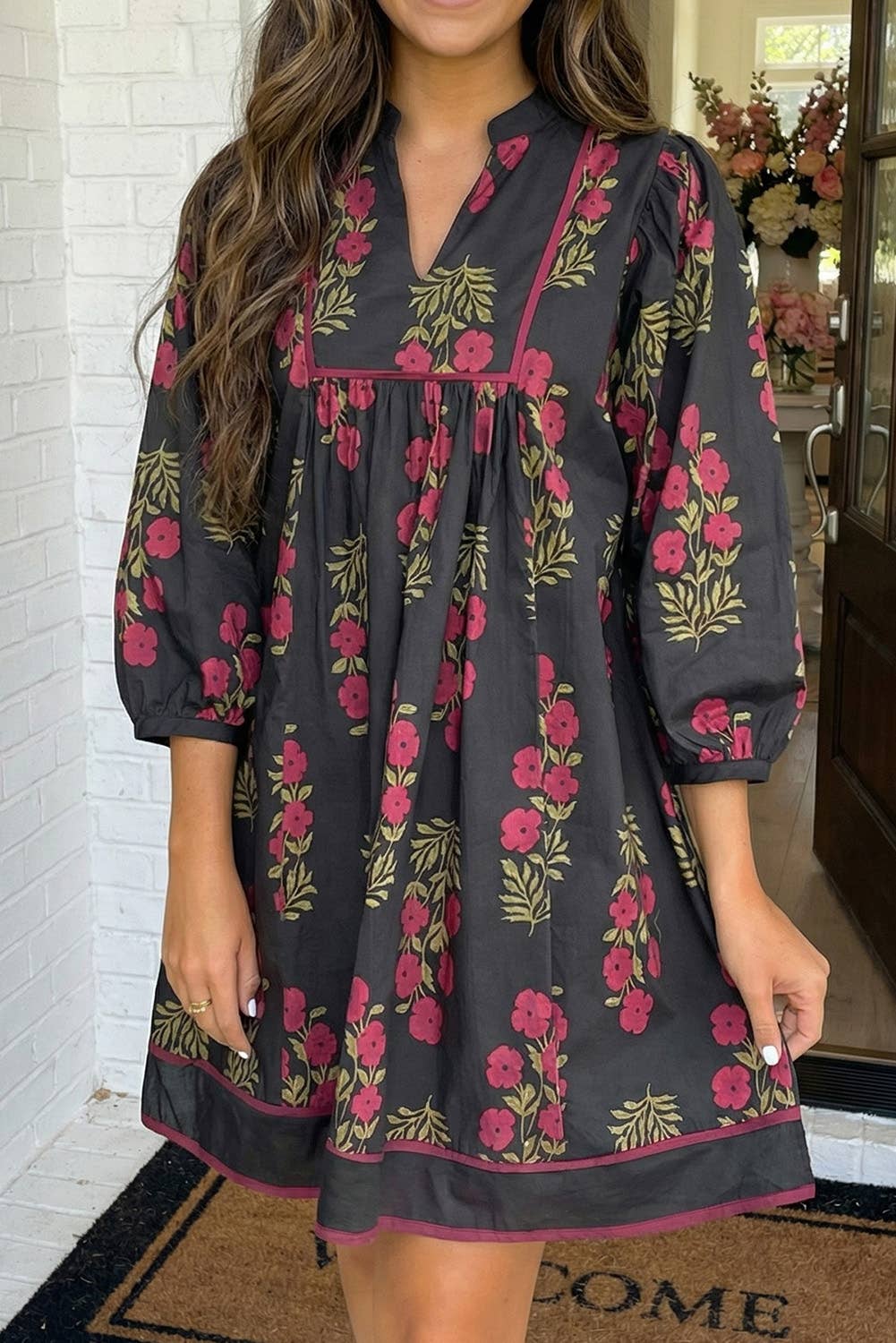 Floral Piping Trim Bracelet Sleeve Babydoll Dress