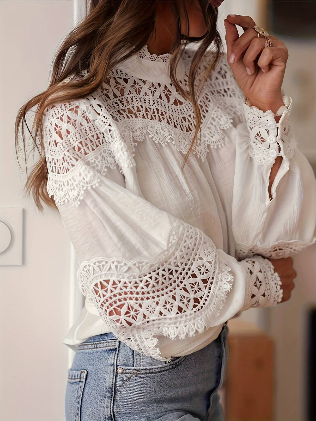 Lace Eyelet Crochet Flared Sleeve Blouse