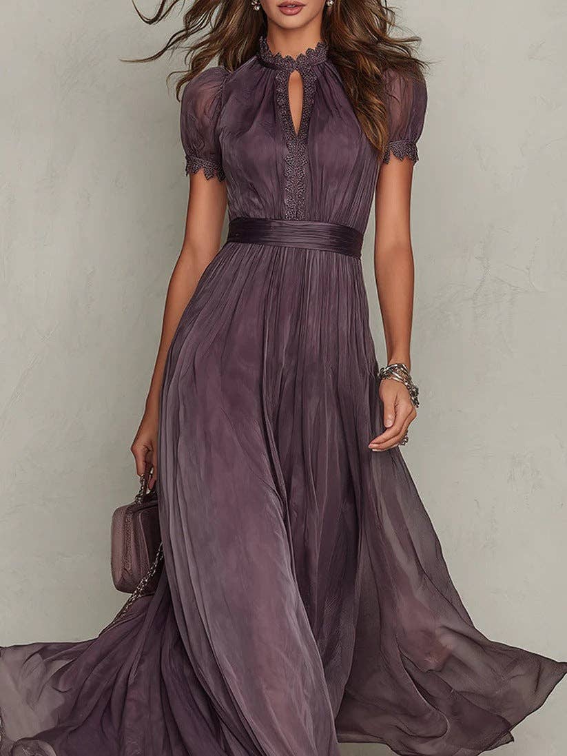French Purple Lace Midi Dress with Puff Sleeves