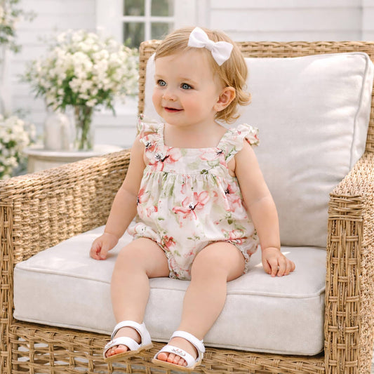 Baby Girl Floral Bubble Romper – Cotton Linen Sunsuit