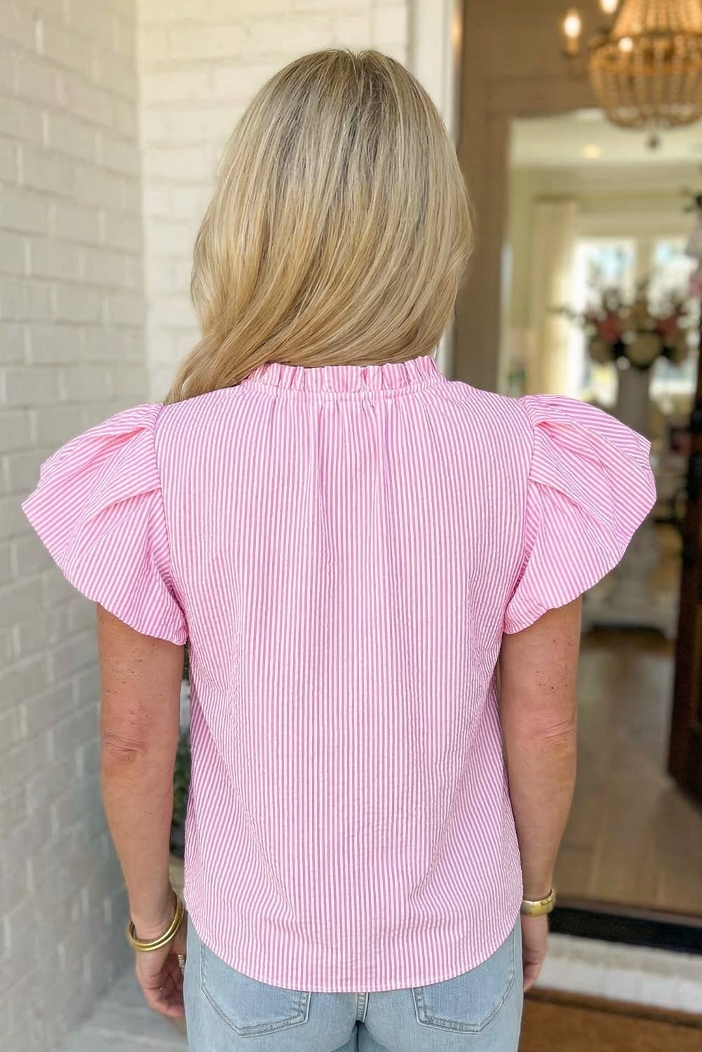 Stripe Short Bubble Sleeve Split V Neck Blouse