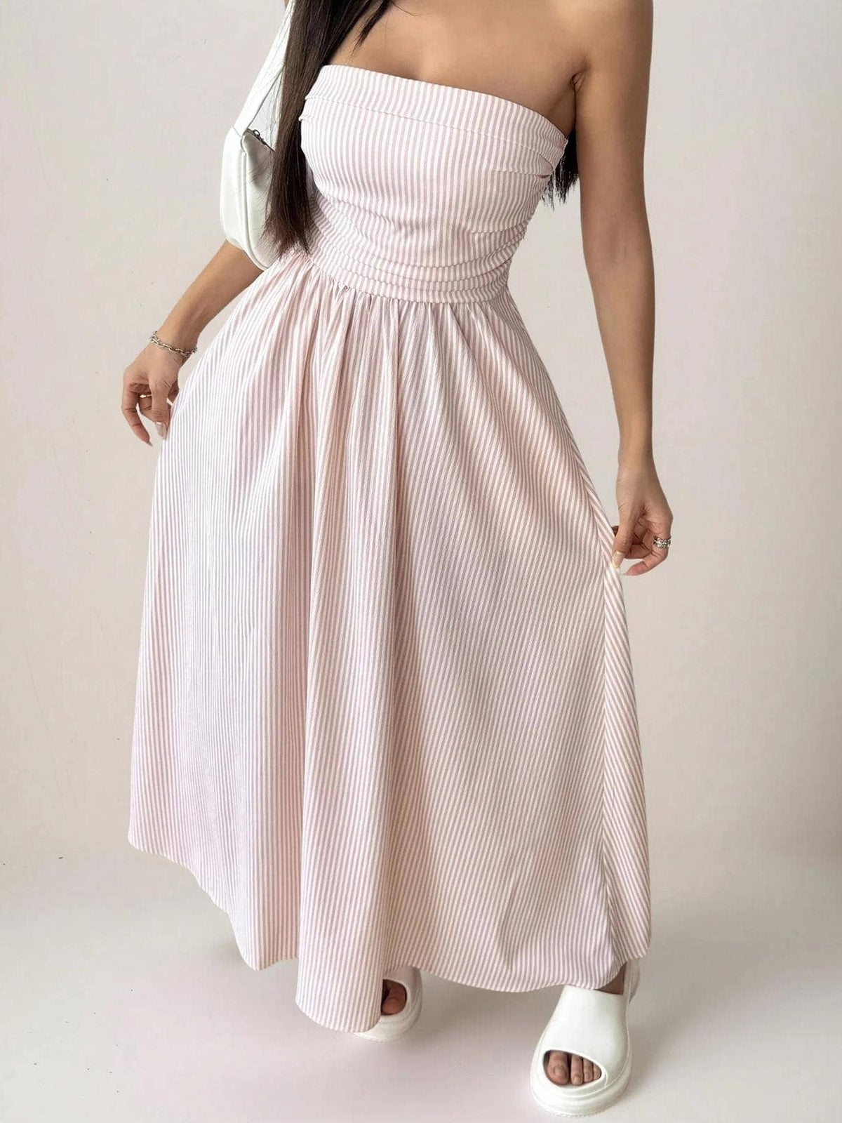 Effortless Vibe Pinstripe Strapless A-Line Skirt Maxi Dress