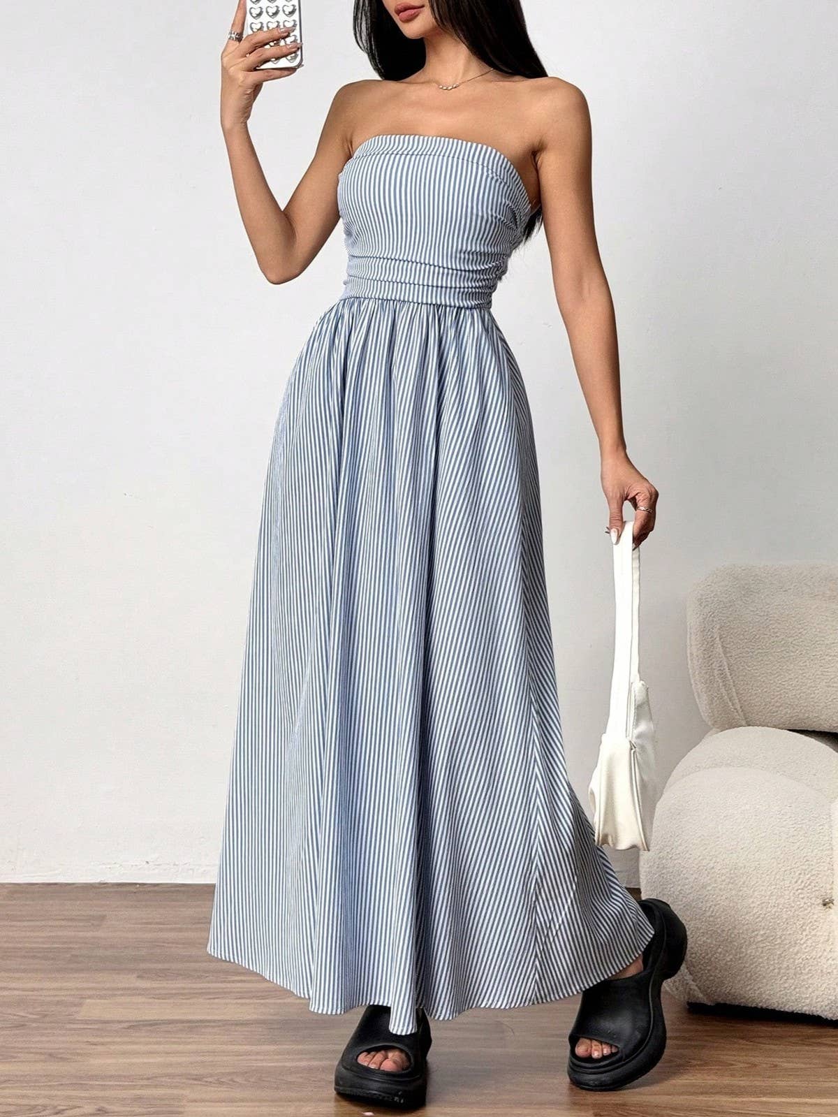 Effortless Vibe Pinstripe Strapless A-Line Skirt Maxi Dress