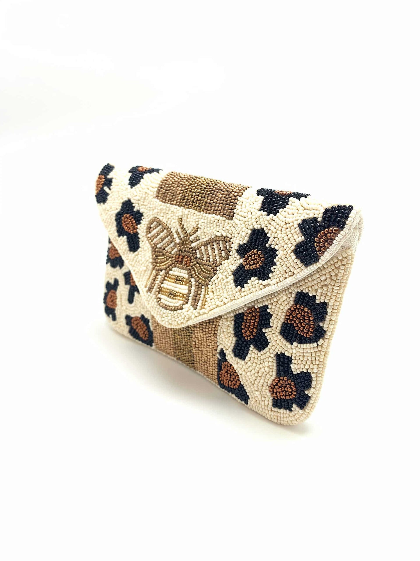 LEOPARD PRINT BEE BEADED MINI CLUTCH
