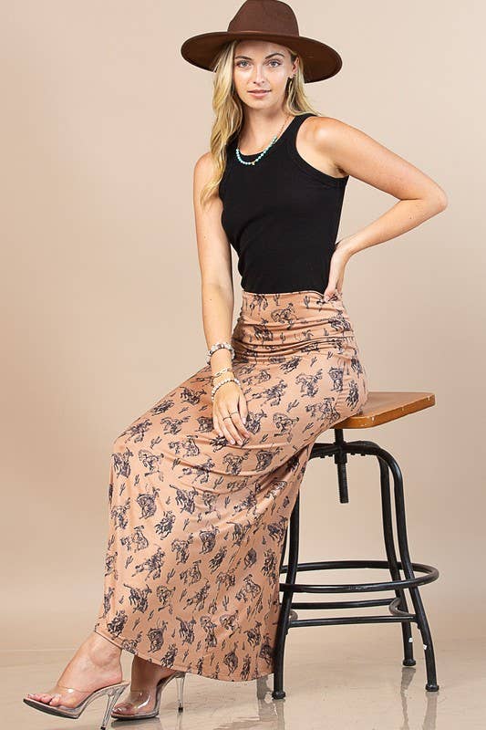 Bella Western Bucking Horses Print Knit Maxi Skirt