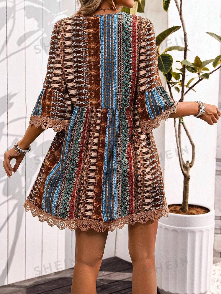 Bohemian Chic V-Neck Striped Print Lace Trim Dress