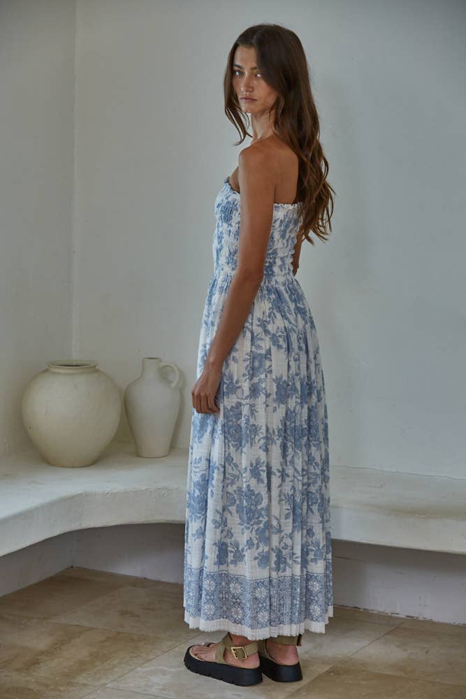 Woven Cotton Rayon Floral Smocked Strapless Midi