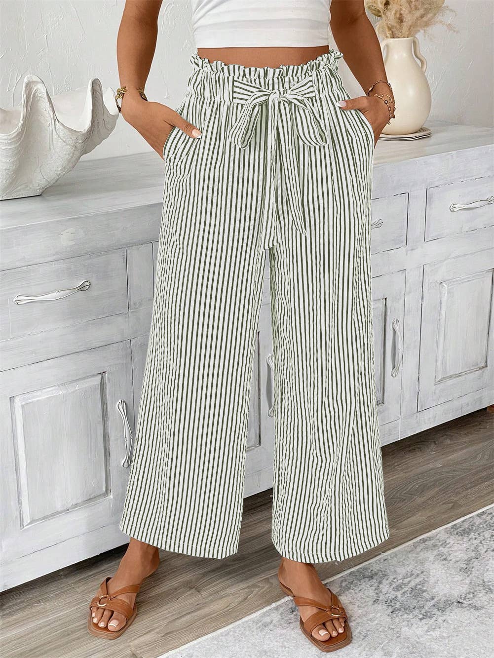 Ruffle Paperbag Slacks Striped Wide-Leg Pants