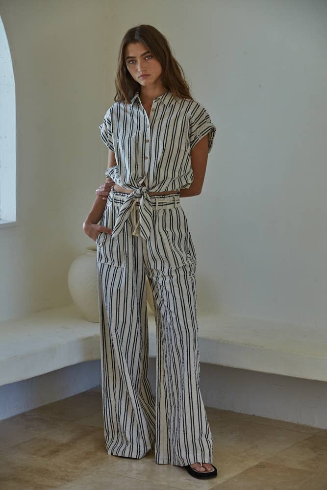 Striped Button Down Collar Neck Waist Tie Top