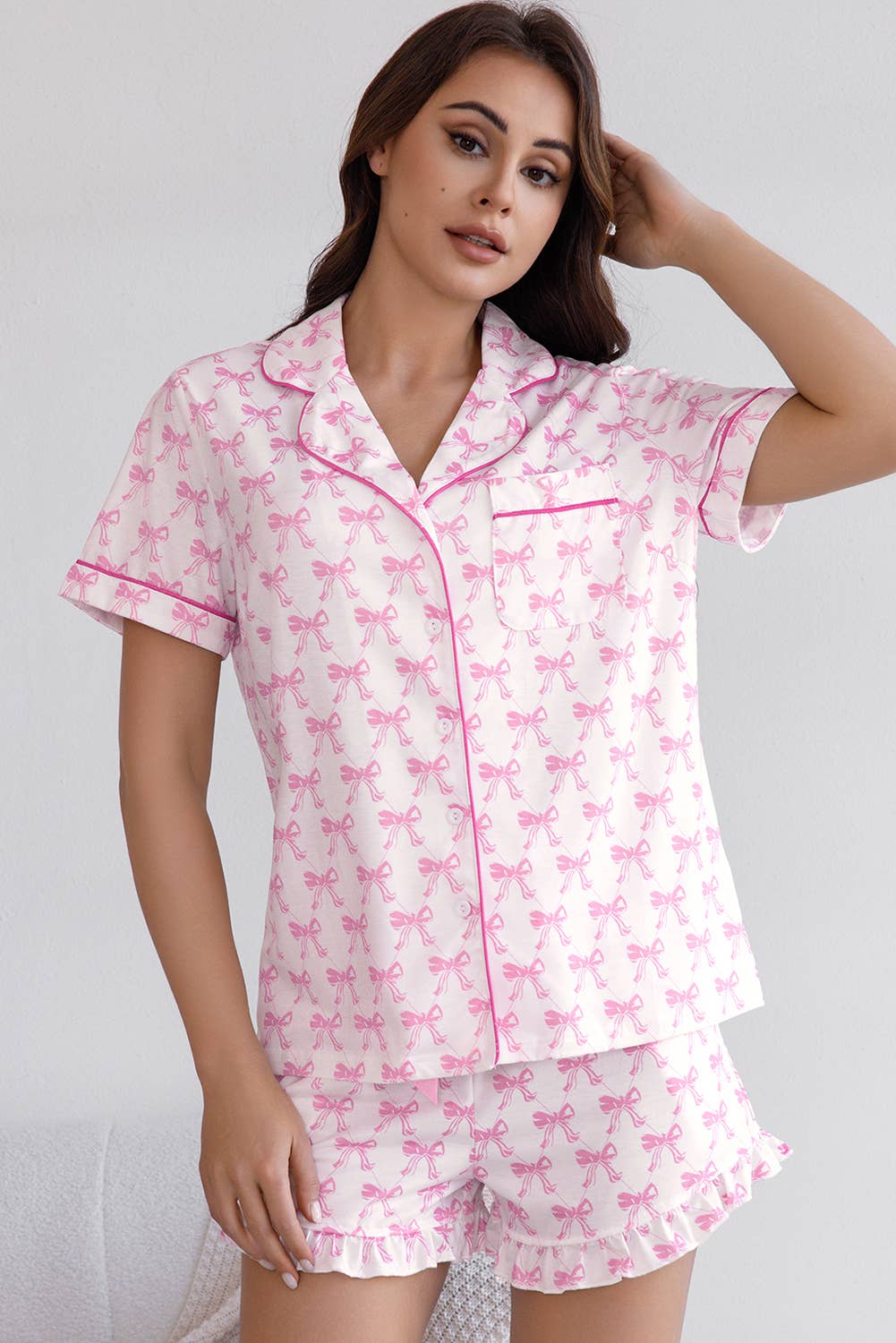 Bowknot Print Short Sleeve and Shorts Pajama Set