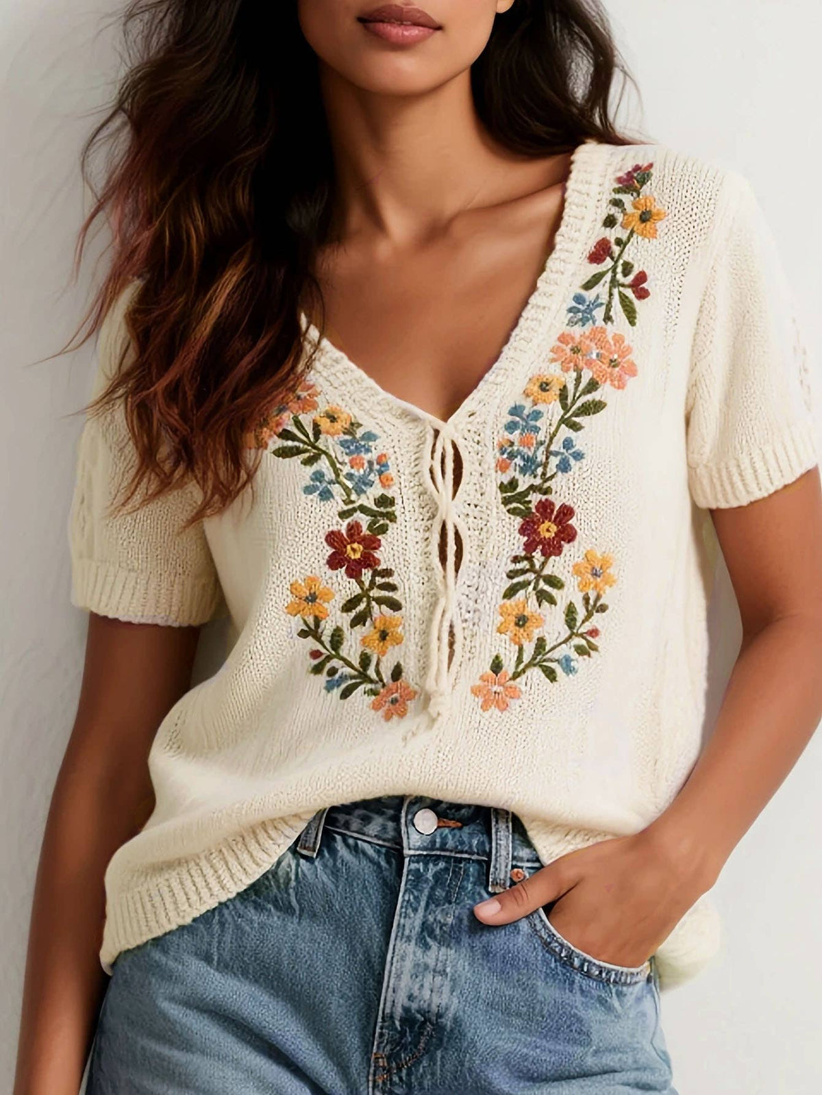 Knitted Bohemia Flower Embroidered Top