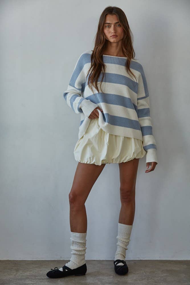 Knit Sweater Striped Cotton Boat Neck Long Sleeve