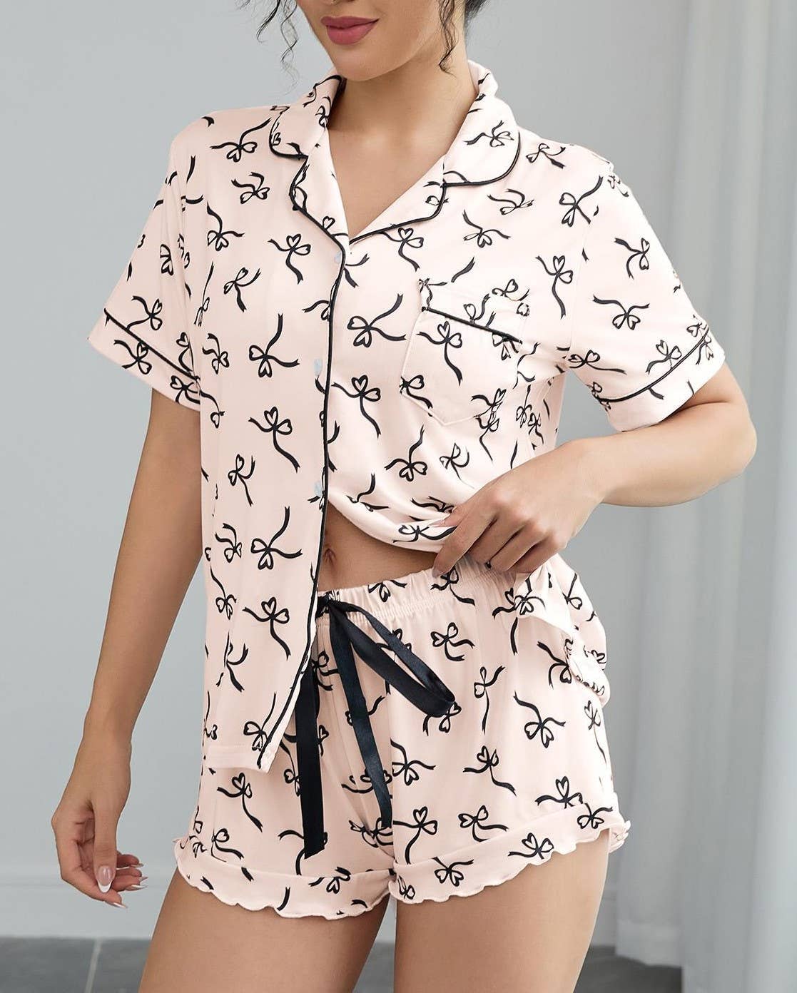 Bow Printed Basic Short-Sleeve Shorts Pajama Set
