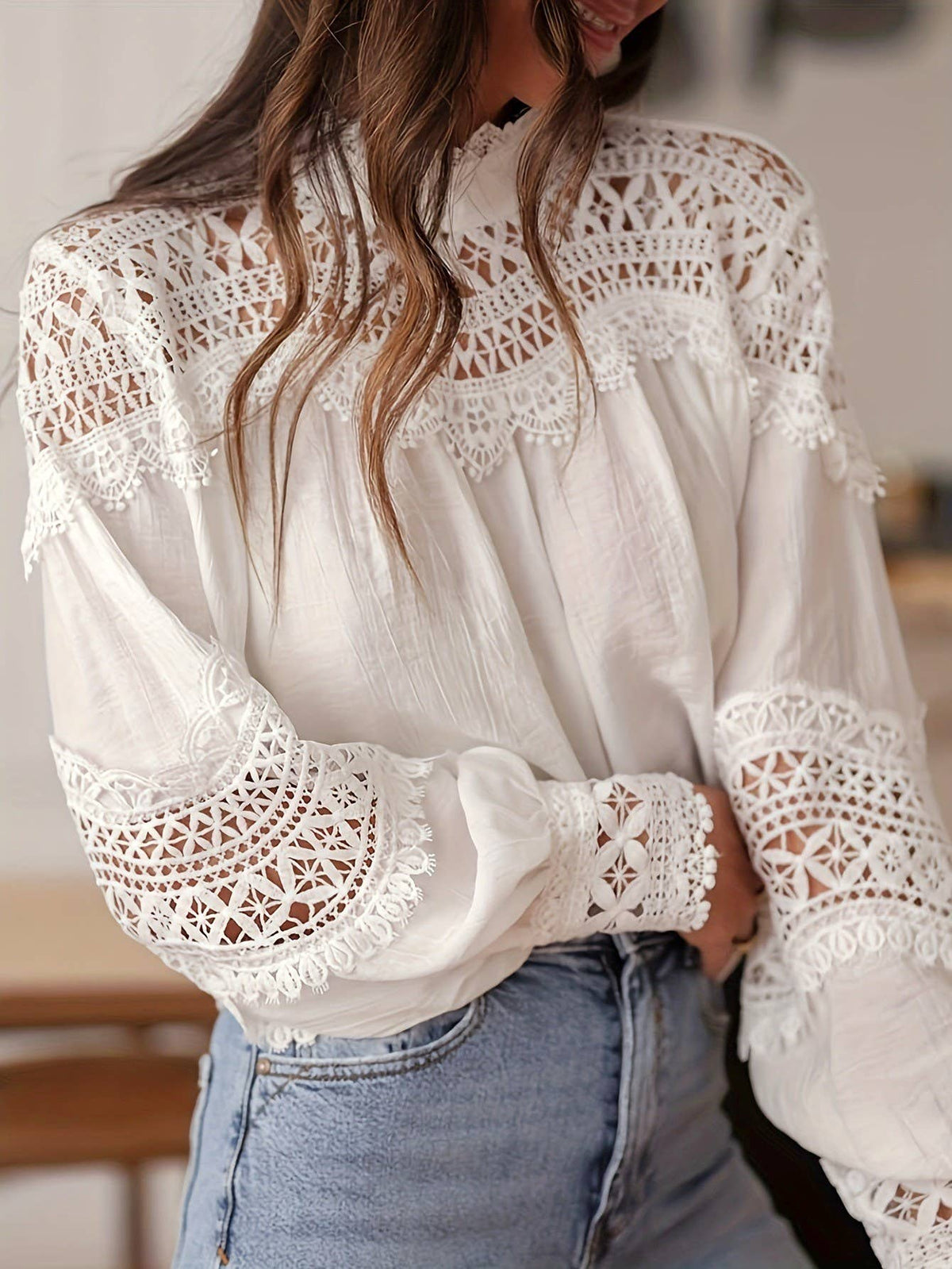 Lace Eyelet Crochet Flared Sleeve Blouse