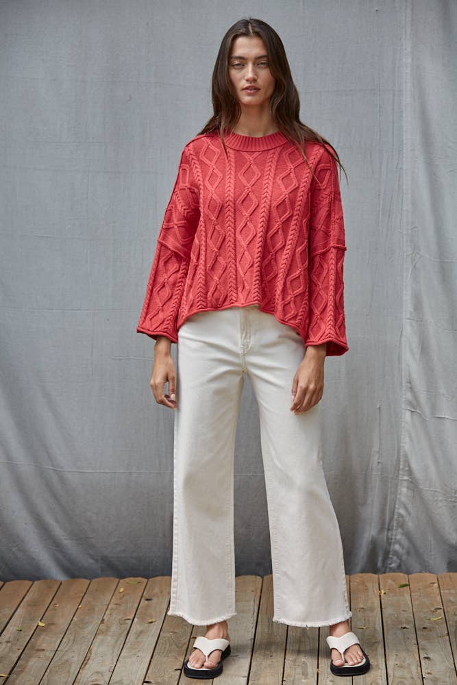 Knit Cable Sweater Cotton 3/4 Sleeve Pullover