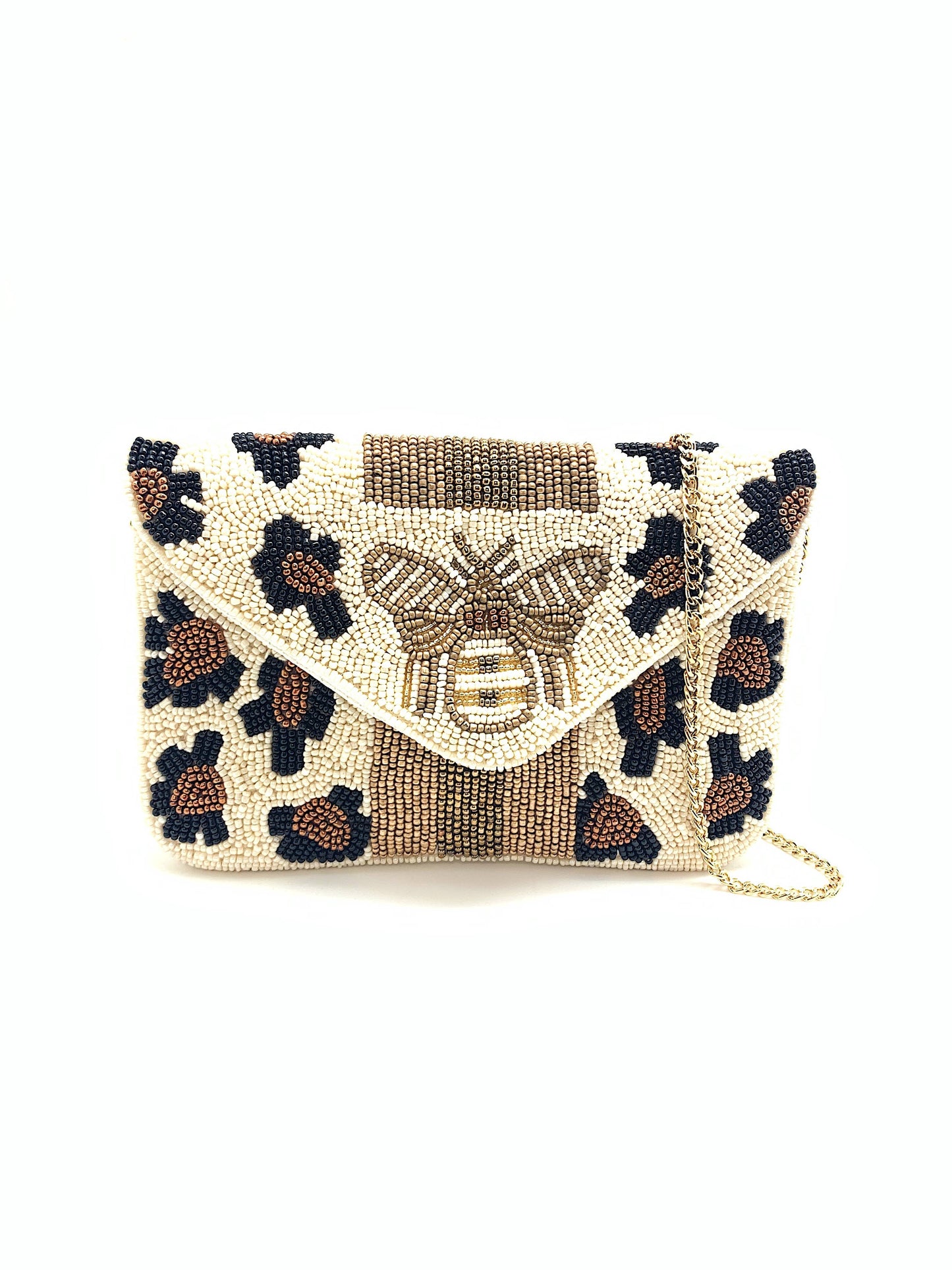 LEOPARD PRINT BEE BEADED MINI CLUTCH