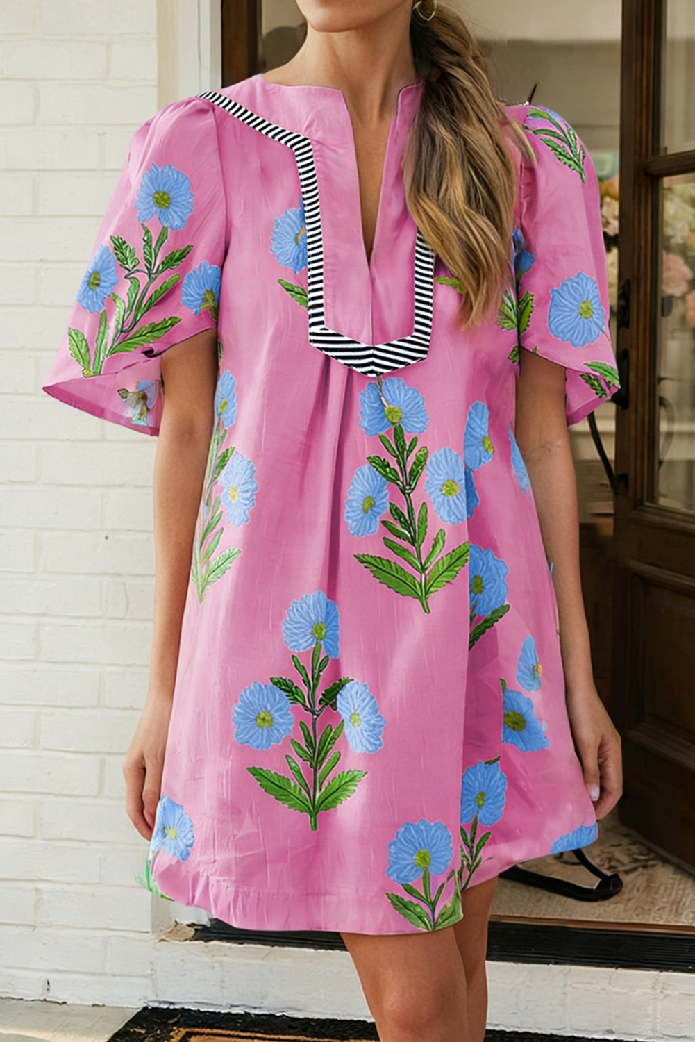 LAS Floral Short Sleeve Split Neck Loose Mini Dress (S-XL)