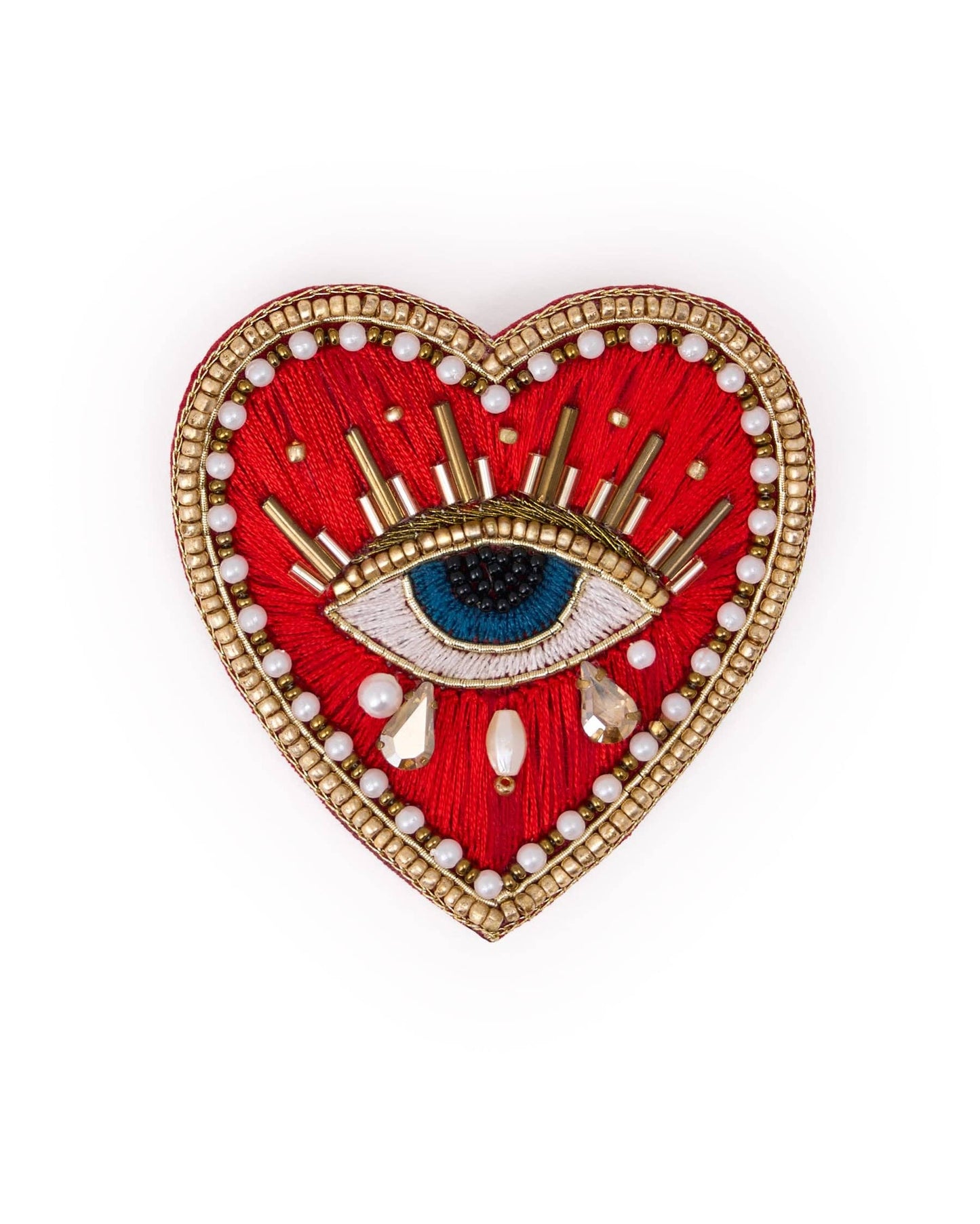 Avery Heart Eye Beaded Embroidered Brooch Red