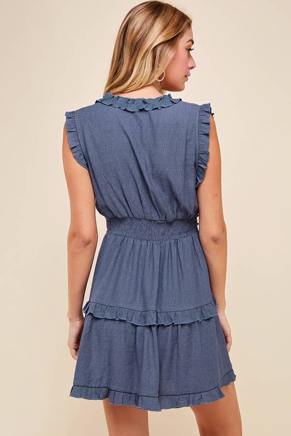 Sleeveless V Neck Ruffle Detail Dress