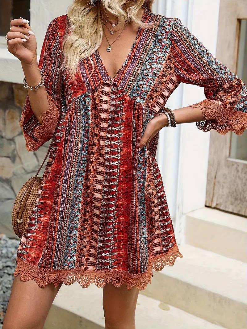 Bohemian Chic V-Neck Striped Print Lace Trim Dress