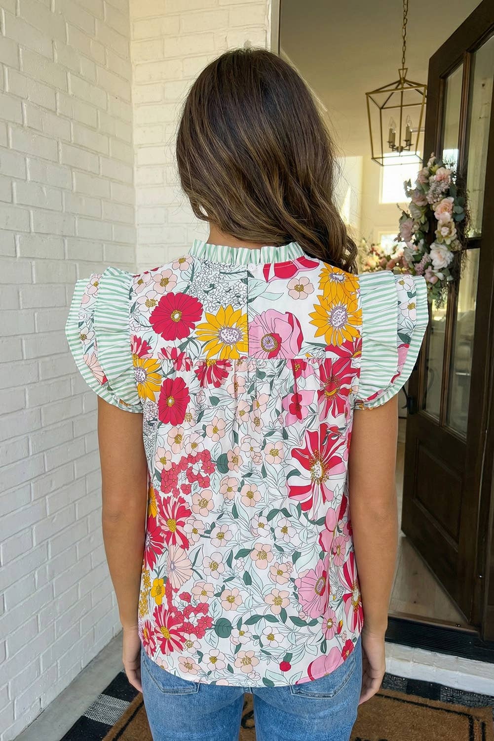 Floral Print Contrast Ruffle Trim Blouse