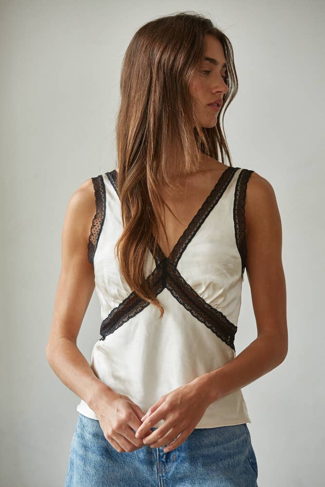 Woven Satin Contrast Lace Trim Detail Sleeveless Top
