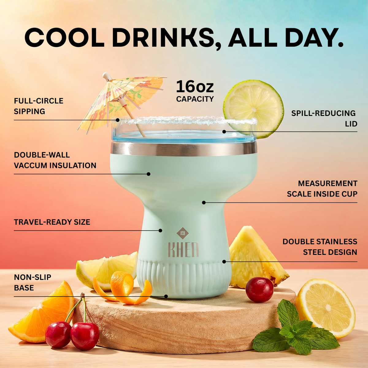 Double Wall Insulated Margarita Tumbler - Sea Glass
