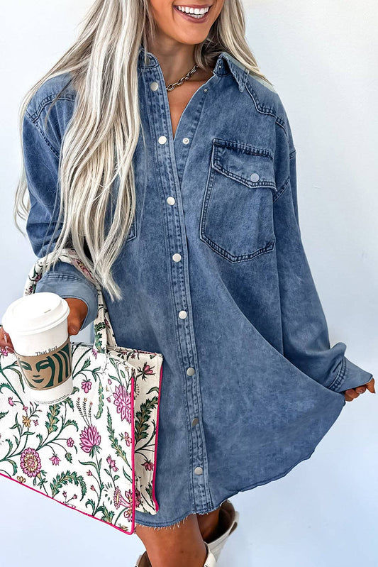 Beau Blue Chest Pocket Raw Hem Denim Loose Shirt Dress
